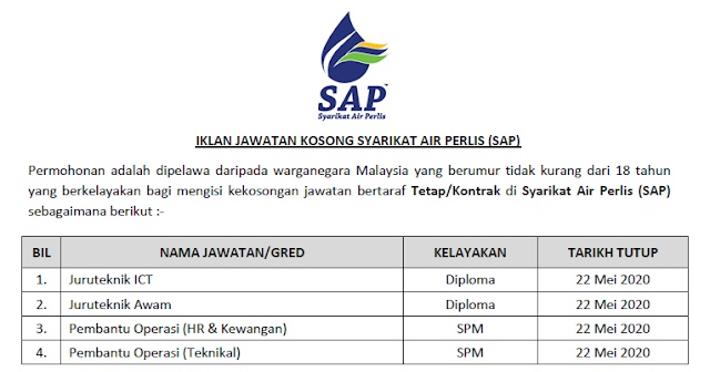 Permohonan Jawatan Kosong di Syarikat Air Perlis (SAP 