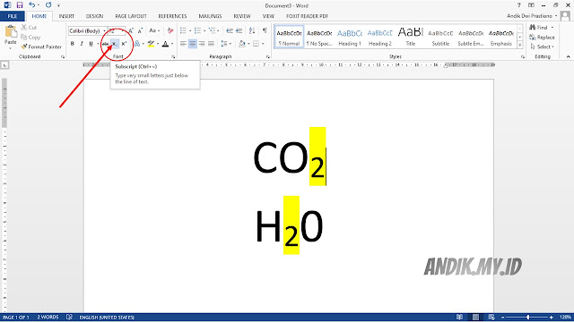 tutorial, microsoft word, microsoft office, subscript, membuat huruf kecil dibawah