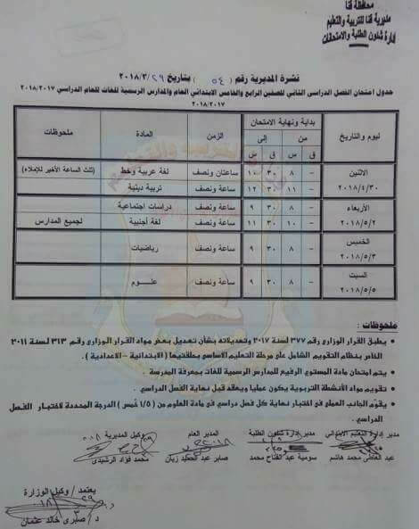 جدول امتحانات الصف الخامس الابتدائي 2018 الترم الثاني محافظة قنا جدول امتحانات الصف الخامس الابتدائي 2018 الترم الثاني محافظة قنا
