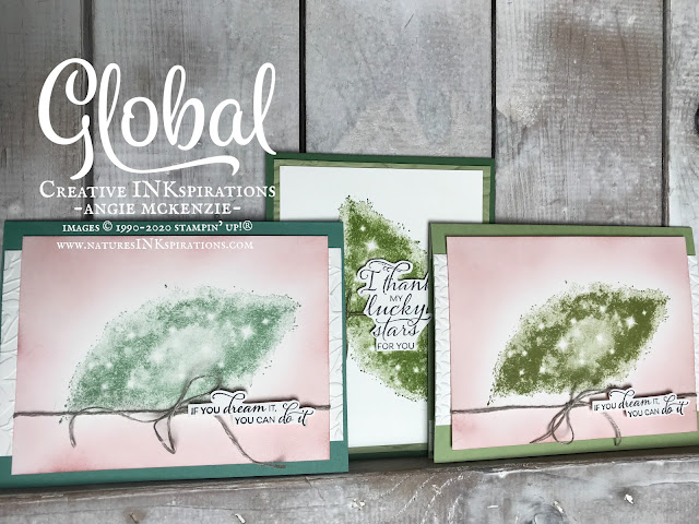 By Angie McKenzie for Global Creative Inkspirations; Click READ or VISIT to go to my blog for details! Featuring the retired Stargazing stamp set from the 2019-20 Annual Catalog; #stargazingstampset #fussycutting #greeneryembossingfolders #inkblending #stampingtechniques #cardtechniques #stampinup #handmadecards #stampinupinks #oldworldpaper3dembossingfolder #linenthread #friendshipcards #ifyoudreamityoucandoit