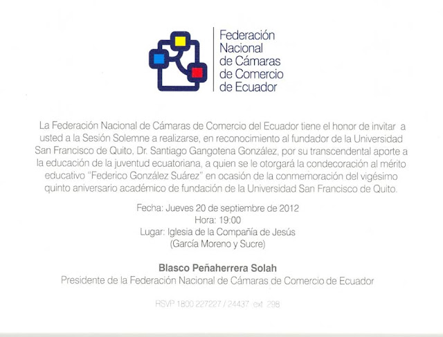 Santiago Gangotena recibe condecoración de la Federación Nacional de Cámaras de Comercio.