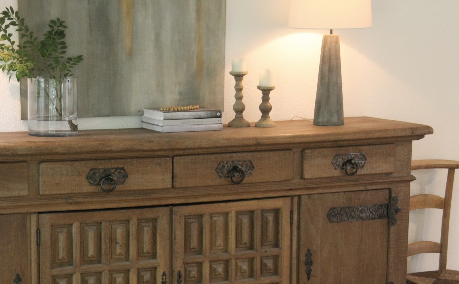 Rustic oak Belgian antique cupboard in European country styled living room by Hello Lovely Studio