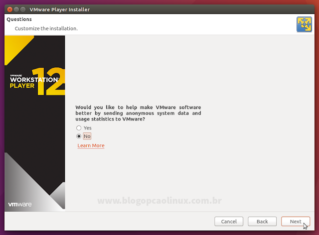 Você deseja que o VMware Workstation Player envie informações anônimas sobre o seu sistema e as estatísticas de uso à VMware?
