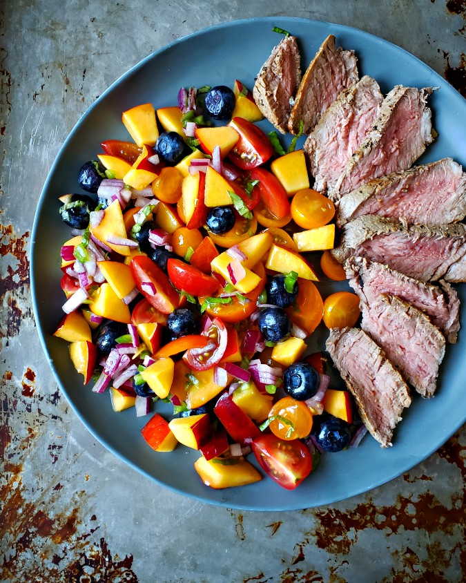 Mango & Tomato Nectarine, Tomato & Blueberry Salad with Steak