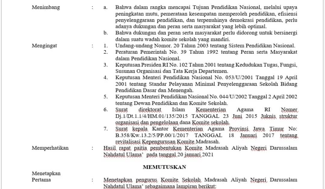 Contoh SK Komite Madrasah RA/MI/MTS/MA Format Pdf/Word
