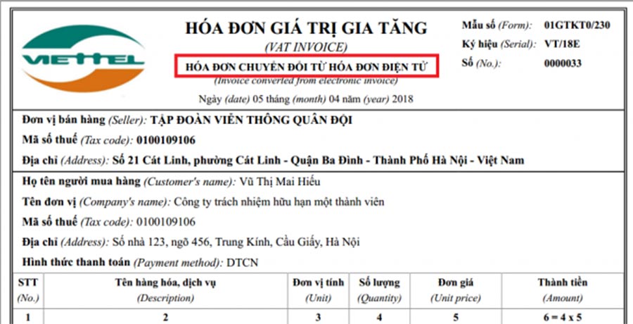 Hình 5 - Kiểm tra dòng chữ phân biệt giữa hoá đơn chuyển đổi và hoá đơn điện tử gốc