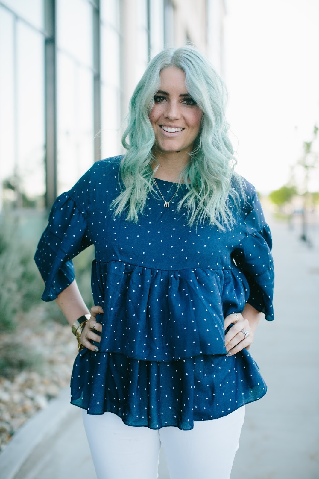 'LUCILLE' BLUE DOTTED LAYERED SLEEVE RUFFLE TOP, Goodnight Macaroon
