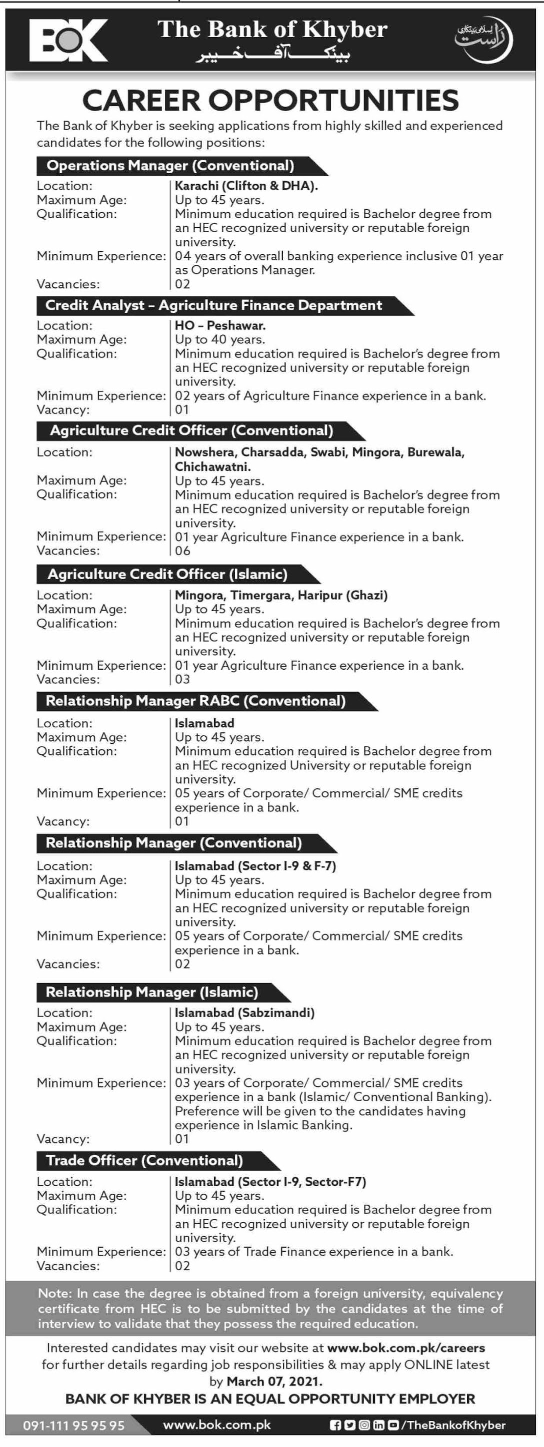 BOK Jobs Advertisement - Bank of Khyber Jobs Career - BOK Jobs 2021 - BOK Careers 2021 - Bank of Khyber Jobs 2021 - Online Apply - www.bok.com.pk/careers