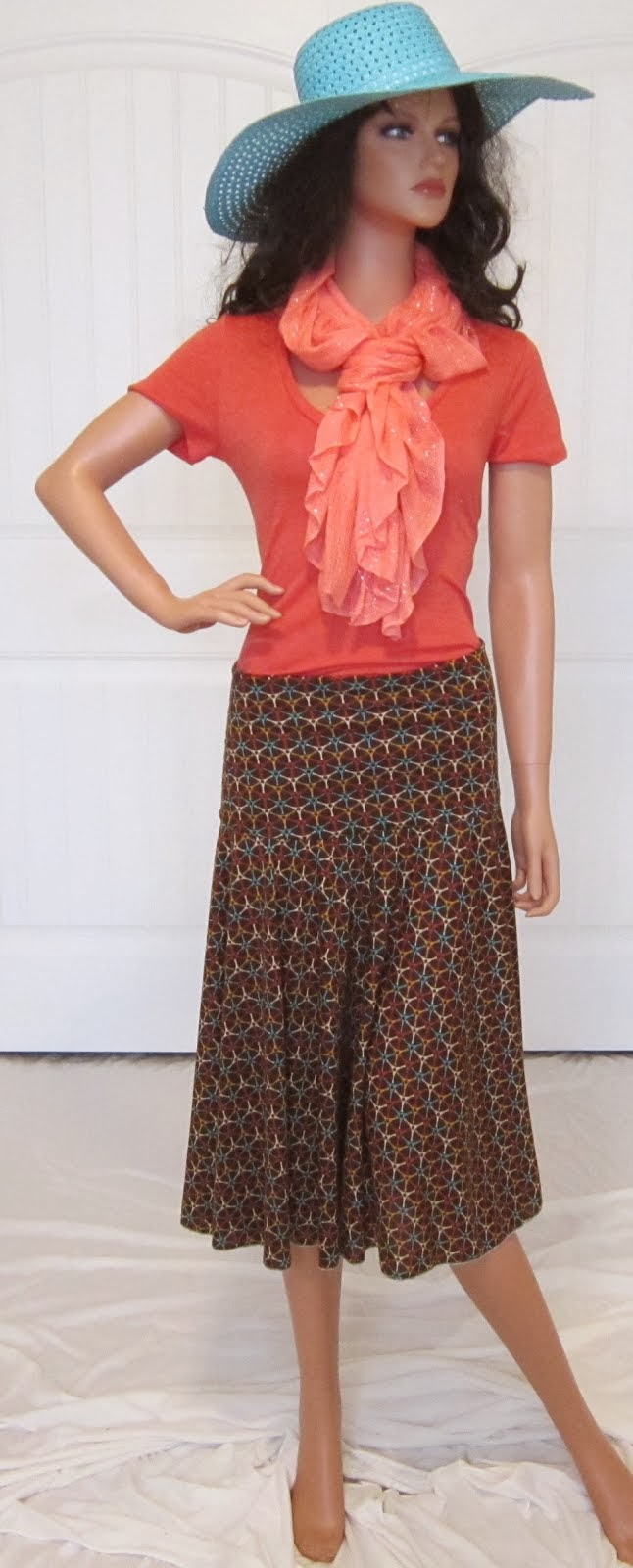 Brown and Orange Western Print Full Circle Stretch Knit Jersey Midi Boot skirt