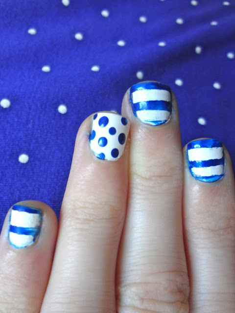 blue stripes and polka dot nails