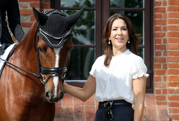 Crown Princess Mary visited Danish Vilhelmsborg National Equestrian Center (Aarhus) Princess Mary wore skirt, blouse