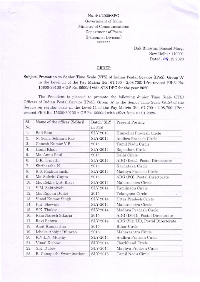 Promotion to Senior Time Scale of IPoS Group A in the Level 11 of Pay