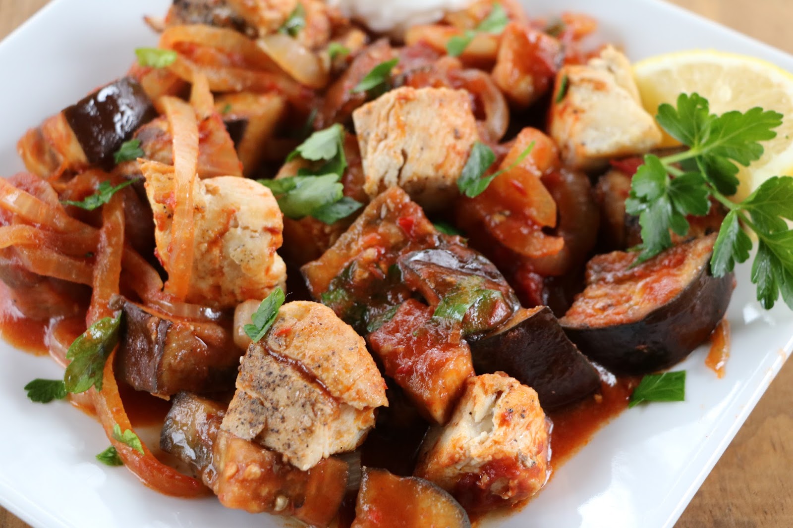 Yates Yummies Spicy Oven Roasted Harissa Eggplant & Chicken