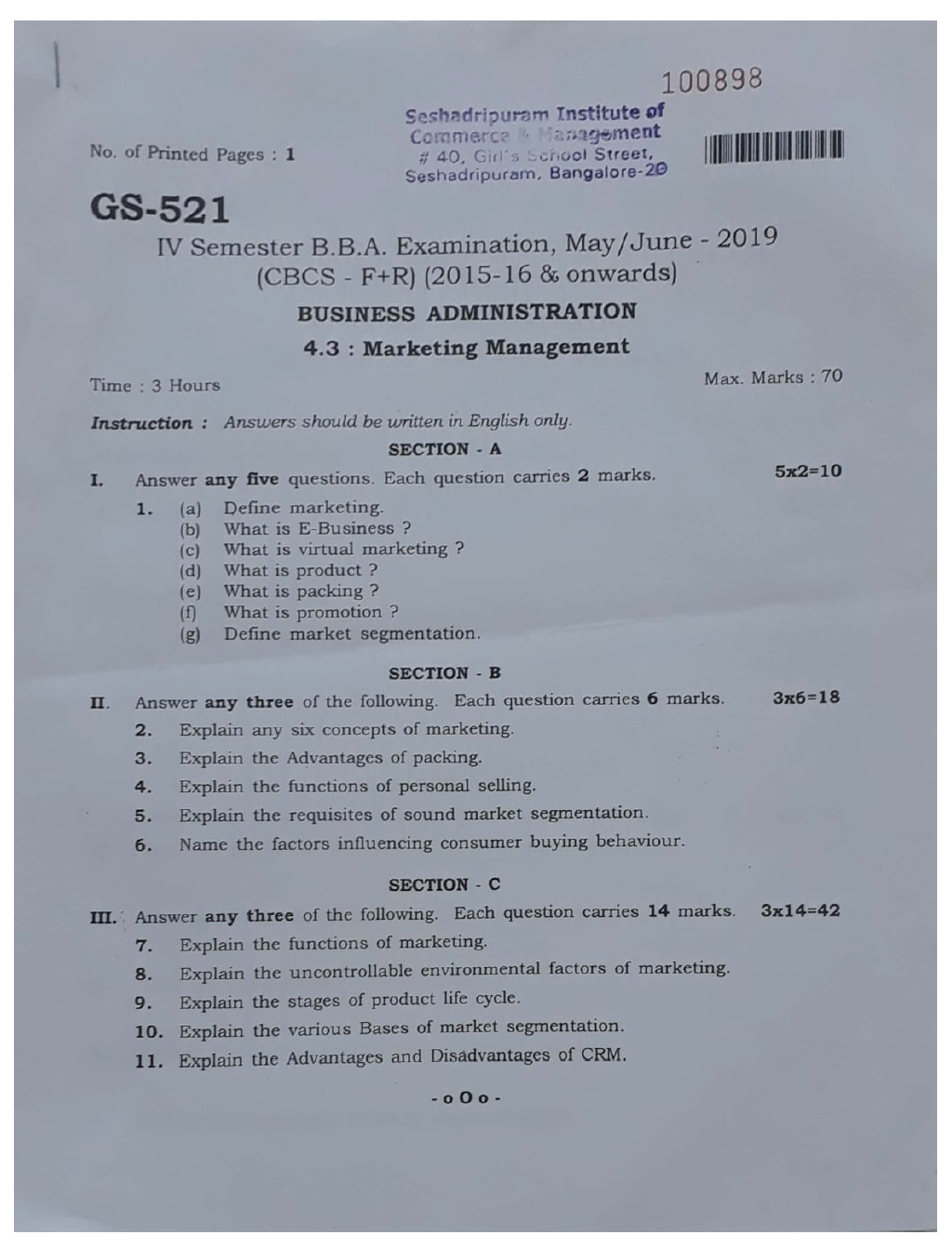 Bangalore University B B A Business Administration 4 3 Marketing 