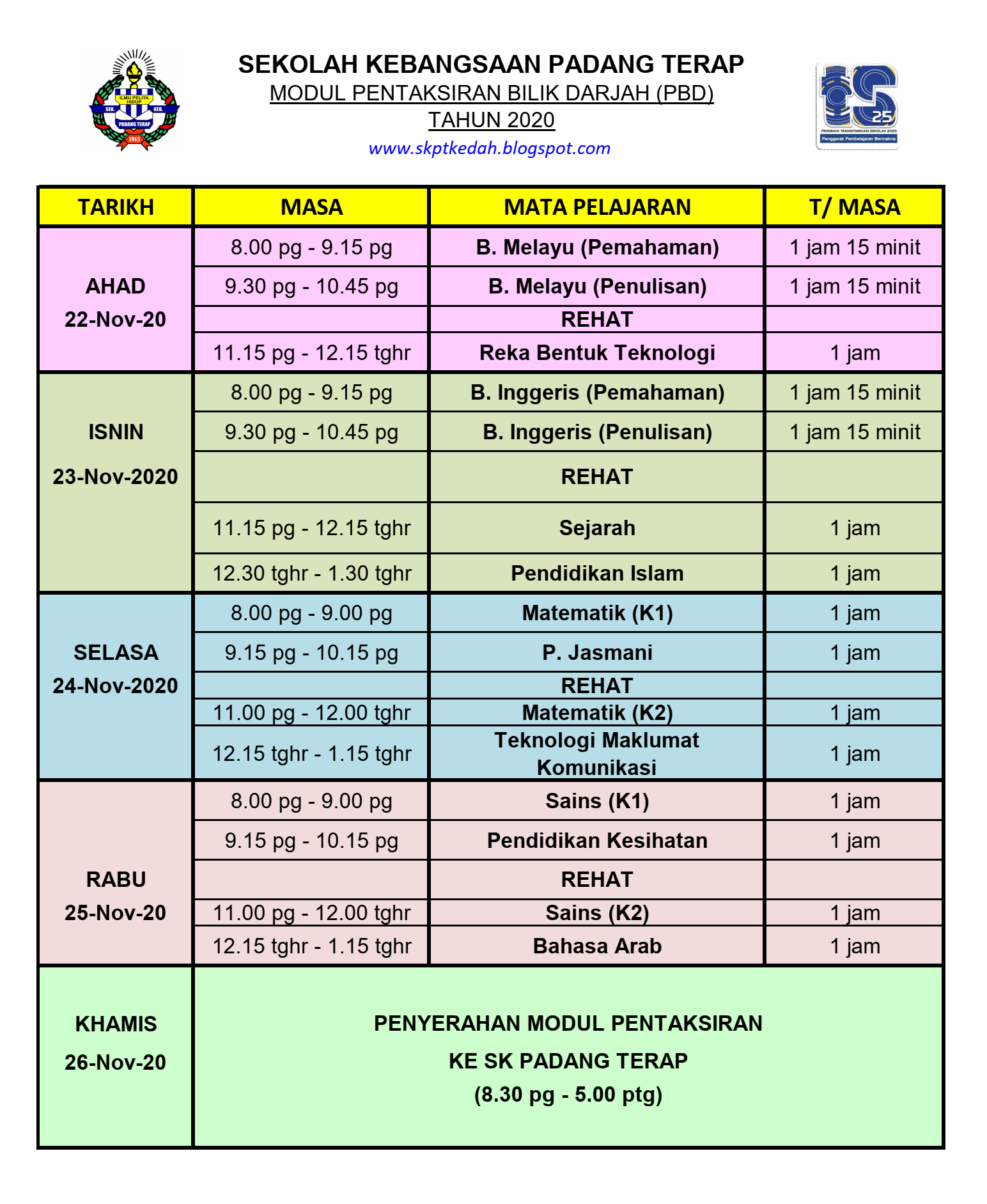 SK PADANG TERAP Jadual Pentaksiran Bilik Daerjah (PBD) Tahun 2020