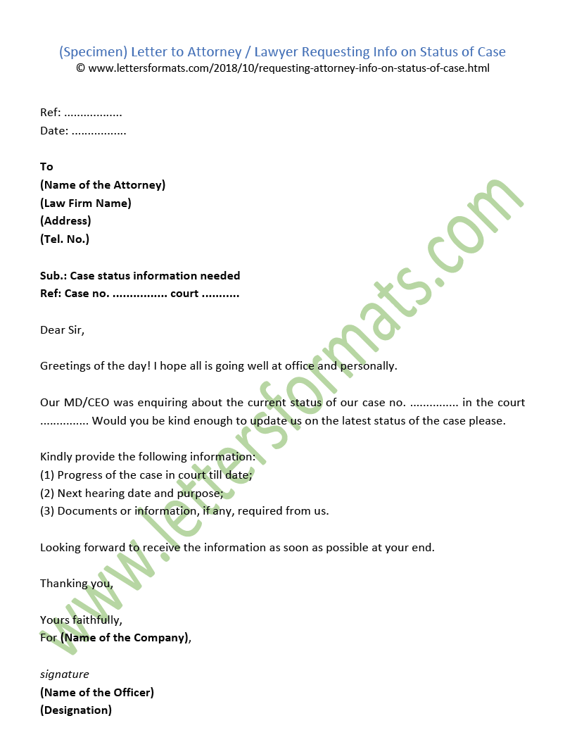 Letter To Attorney Lawyer Requesting Info On Status Of Case Sample