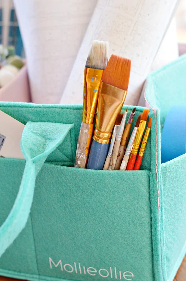 Paint brushes in teal storage caddy