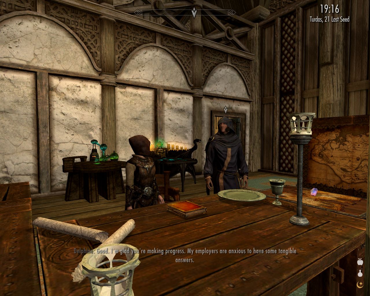 Dragonsreach, Delphine and Farengar talking next to the latter's desk