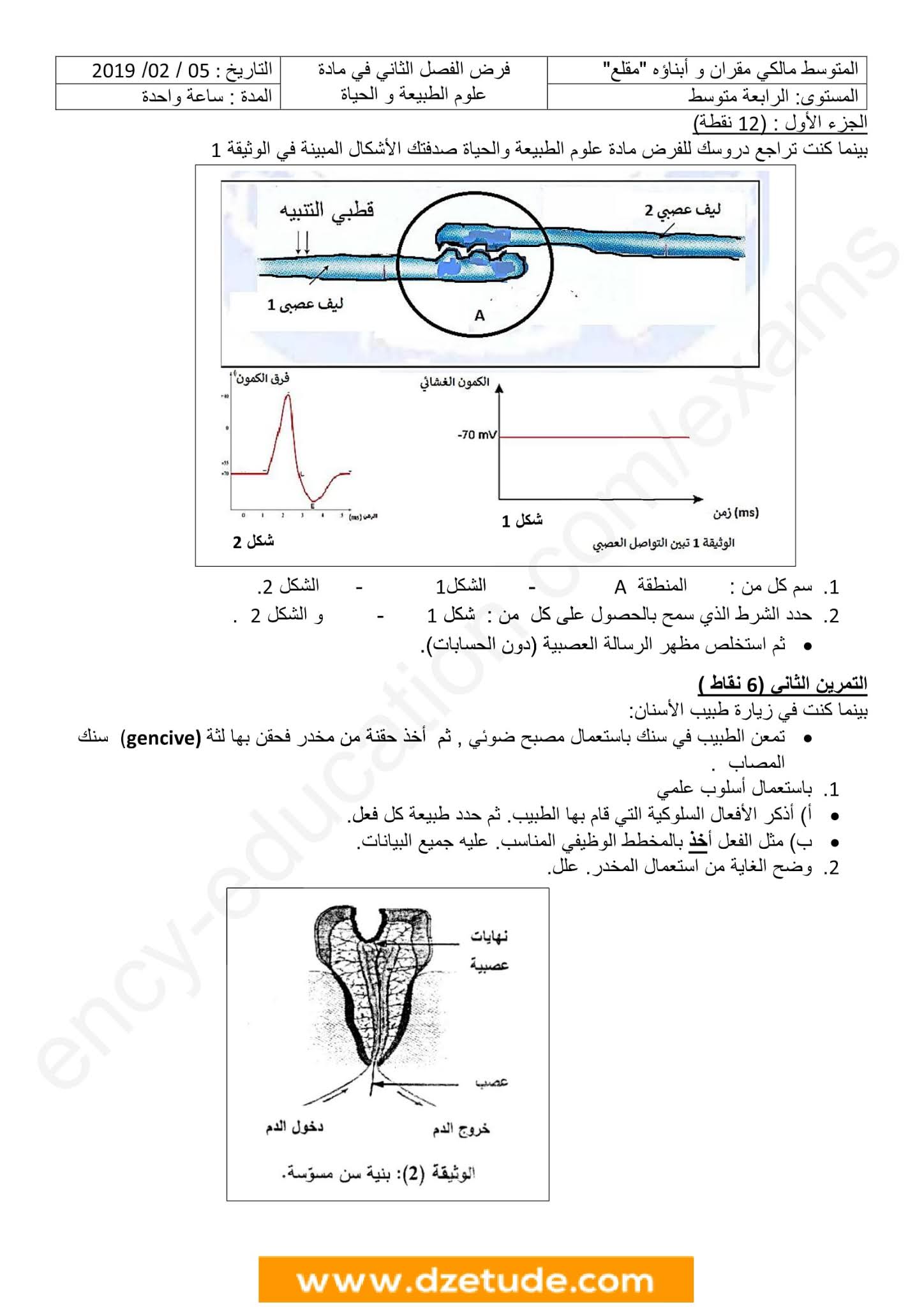 فرض العلوم الطبيعية الفصل الثاني للسنة الرابعة متوسط - الجيل الثاني نموذج 9