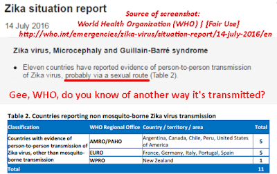 WHO's Zika situation report July 14, 2016 hint at another mode of transmission (other than sexual)