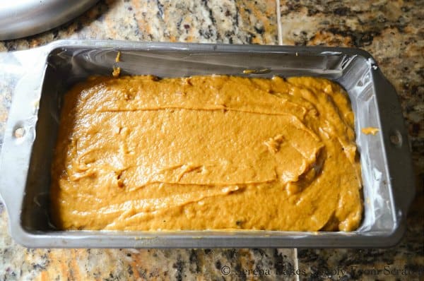 Spread Pumpkin Bread recipe batter spread in greased pan.