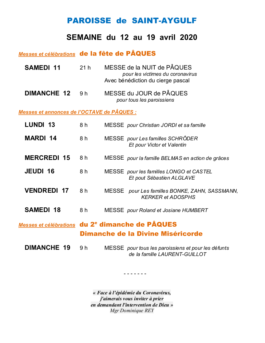 PAROISSE SAINT AYGULF Horaires des messes