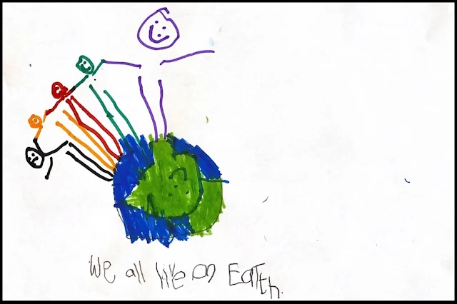 A very basic representation of the planet Earth with 5 colourful stick figures drawn on it