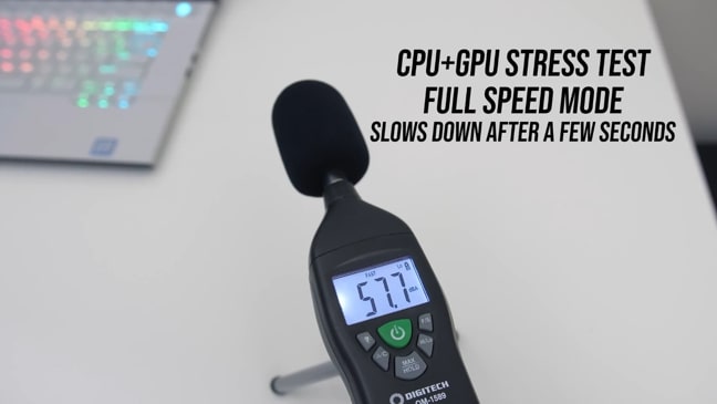Digitech's sound level meter was measuring the noise produced by fans during CPU+GPU stress tests at full speed mode of Dell Alienware m115 r2 gaming laptop.