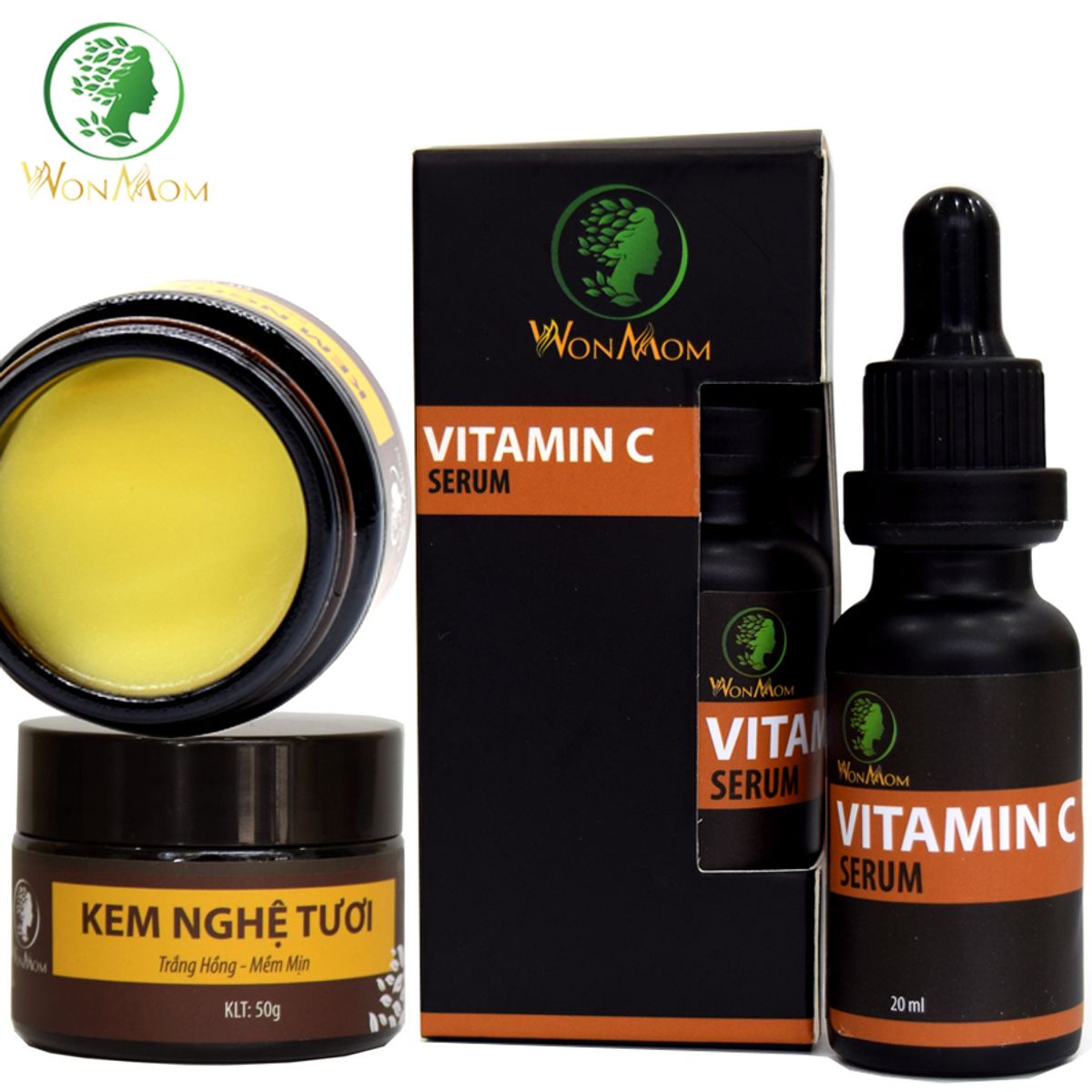 BỘ DƯỠNG TRẮNG HỒNG, MỊN MÀNG DA MẶT WONMON (SERUM VITAMIN C + KEM NGHỆ TƯƠI)
