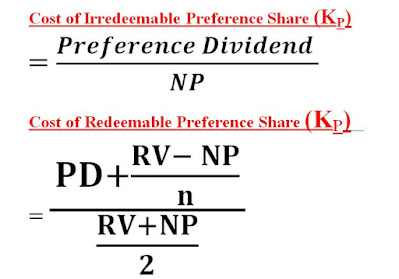 Net Proceed (NP) = Face Value or Par Value – Floatation Cost + Premium on issue – Discount on issue Net Proceed = Market Value – Floatation Cost + Premium on issue – Discount on issue Post tax Cost of Perpetual / Irredeemable Debt (Kd) = (I ×(1-t))/NP Post tax Cost of redeemable Debt (Kd) =   (Interest (1-t)+ (RV- NP)/n)/((RV+NP)/2) Cost of Irredeemable Preference Share (KP) =(Preference Dividend )/NP Cost of Redeemable Preference Share (KP) =  (PD+(RV- NP)/n)/((RV+NP)/2) PD = Preference Dividend RV = Redeemable Value Cost of Equity Share (Ke) =