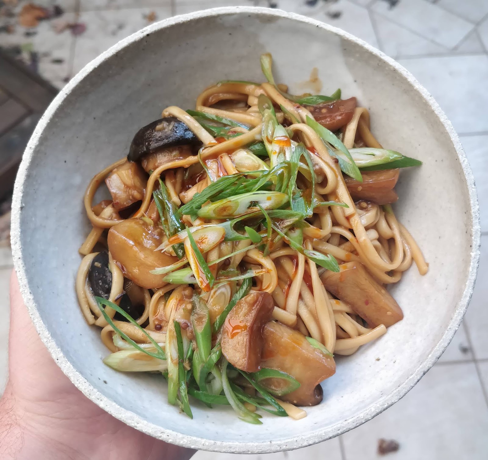 Fried Udon Noodles with King Oyster Mushrooms and Caramelised Miso Sauce