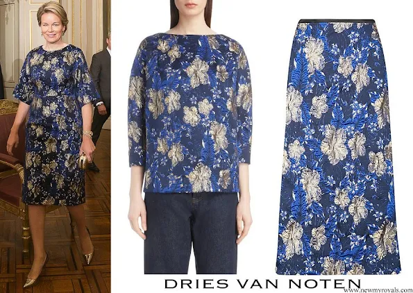 Queen Mathilde wore Dries Van Noten A-Line Metallic Floral-Jacquard Midi Dress