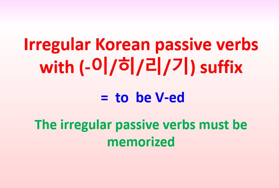 Irregular Korean passive verbs with (이/히/리/기) suffix = to be Ved