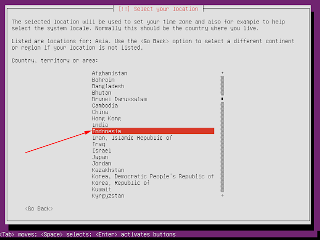 pilih lokasi jam dan waktu Indonesia - Ubuntu server