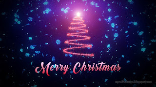 Red Shining Merry Christmas Greeting With Abstract Christmas Tree Sparkle Glitter Light Path Against Blue Shines Snowflakes Falling Blowing In Wind