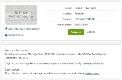 Screen capture from Ancestry.com for the index entry of Lillian E Overlock and Chas A Overlook from the Maine, Marriage Index, 1670-1921 collection.
