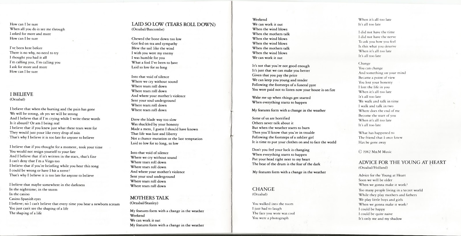 Encarte Tears for Fears Tears Roll Down (Greatest Hits 8292