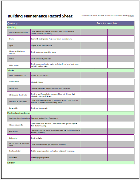 Building Maintenance Record Sheet Template