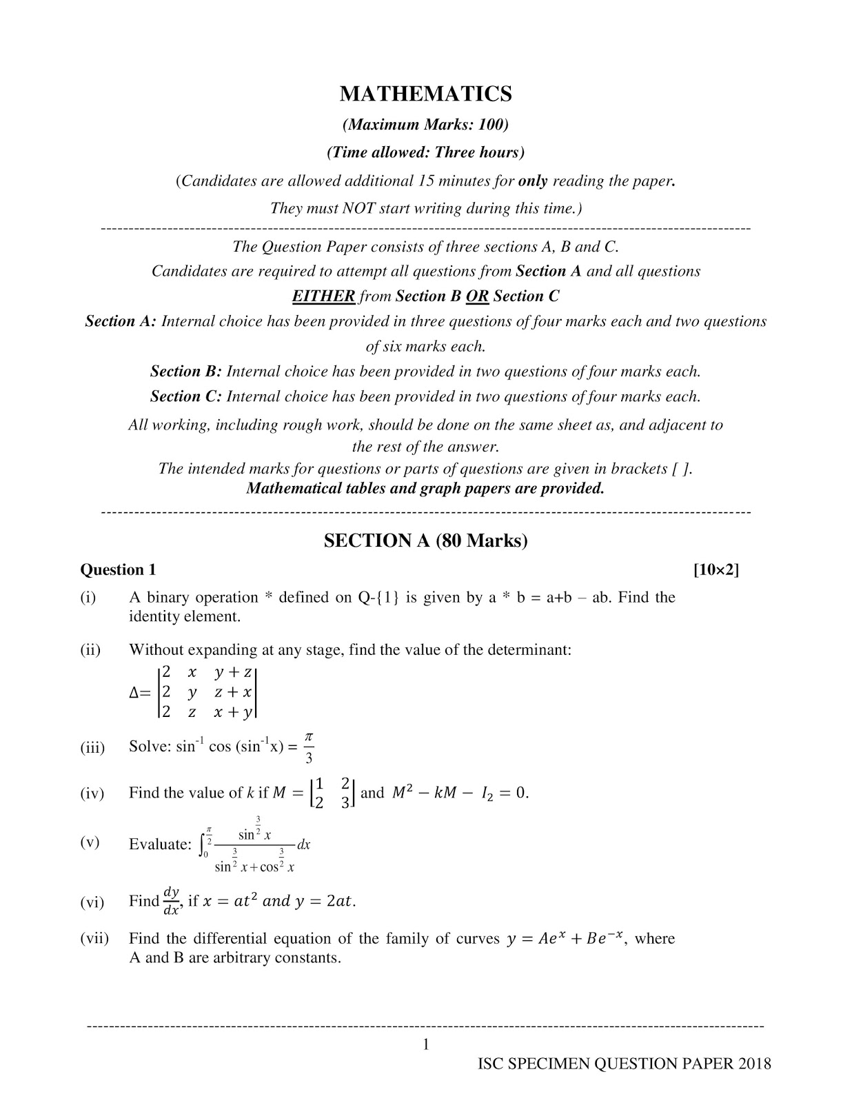 isc 2018 class XII Mathematics specimen question paper isc 2018 class 12th Mathematics Sample paper