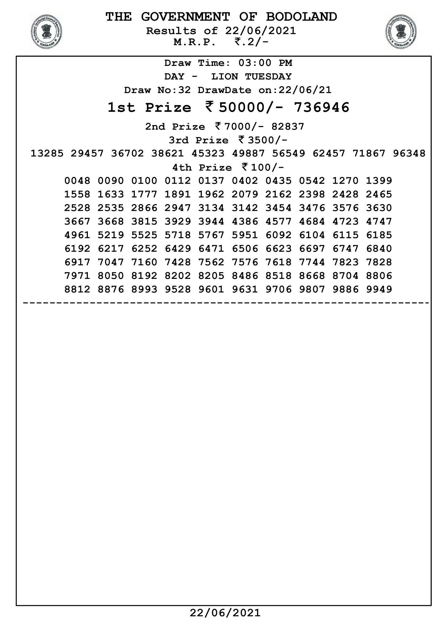 Bodoland Lottery Result Today Bodoland Lottery Result Today