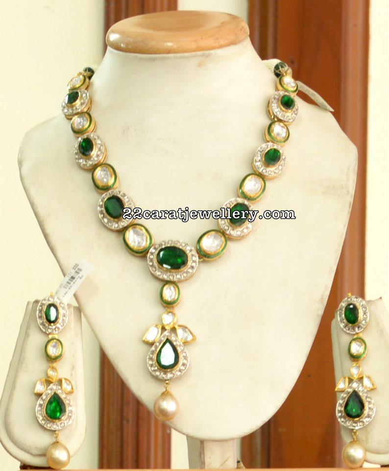 Polki Emerald Necklace with Earrings - Jewellery Designs