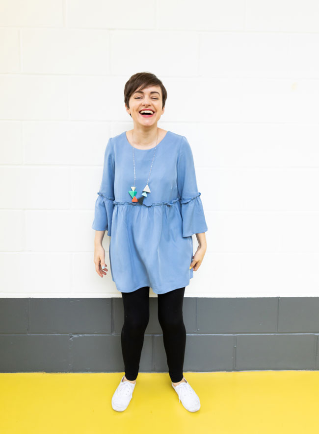 Tilly's blue Tencel Indigo smock - sewing pattern by Tilly and the Buttons