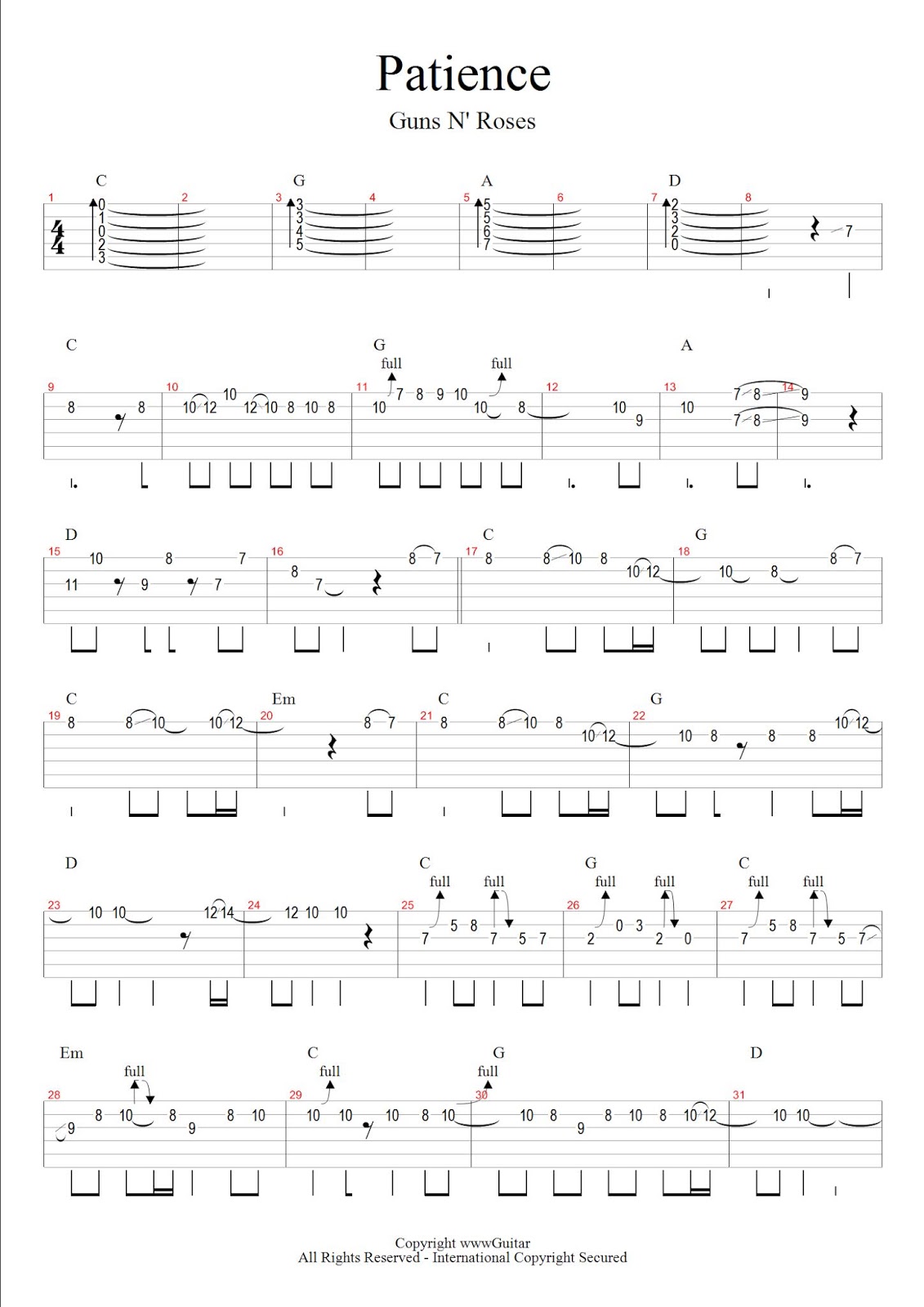 guns n' roses patience (tab) score guns n' roses patience (tab) score