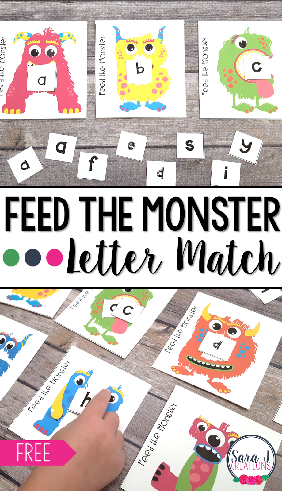 FREE Feed the Monster Alphabet Match. Practice matching upper and lowercase letters along with different fonts. #sarajcreations #alphabet #free #preschool #kindergarten