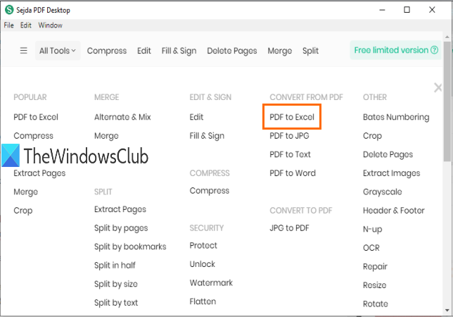 Sejda PDF Desktop met pdf naar Excel-converter