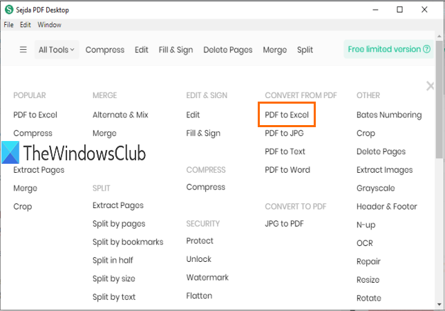 Sejda PDF Desktop con convertidor de pdf a excel