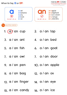 Mama Love Print 自製工作紙 - 英文冠詞 a / an 幼稚園工作紙 How to Use Articles (a / an) English Grammar Learning Activities Kindergarten Worksheet Free Download
