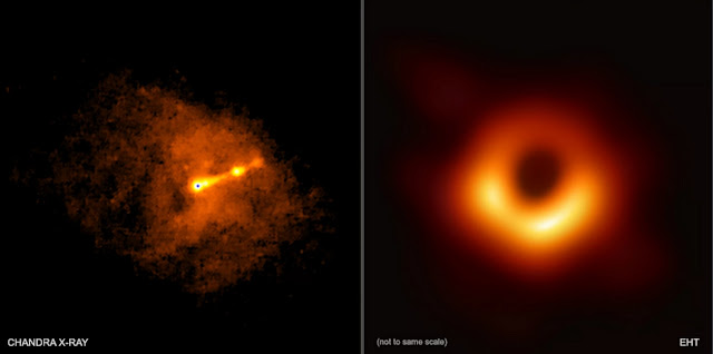 Изображение галактики M87 в рентгеновском диапазоне (слева), и фотография расположенной в ее центре сверхмассивной черной дыры (справа). Источник: X-ray: NASA/CXC/Villanova University/J. Neilsen; Radio: Event Horizon Telescope Collaboration