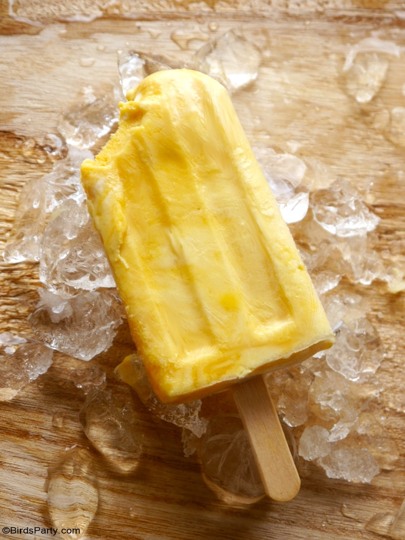 Mango and Yogurt Popsicles - easy to make, healthy, two-ingredient frozen lollipop recipe, perfect as a low-cost summer dessert or yummy snack treat! by BirdsParty.com @BirdsParty #popsciles #fruit #mango #mangorecipes #recipe #frozenpop #frozen #fruitpopsicles