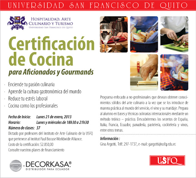 Certificación de Cocina para Aficionados y Gourmands, inicio de clases lunes 21 de enero 2013